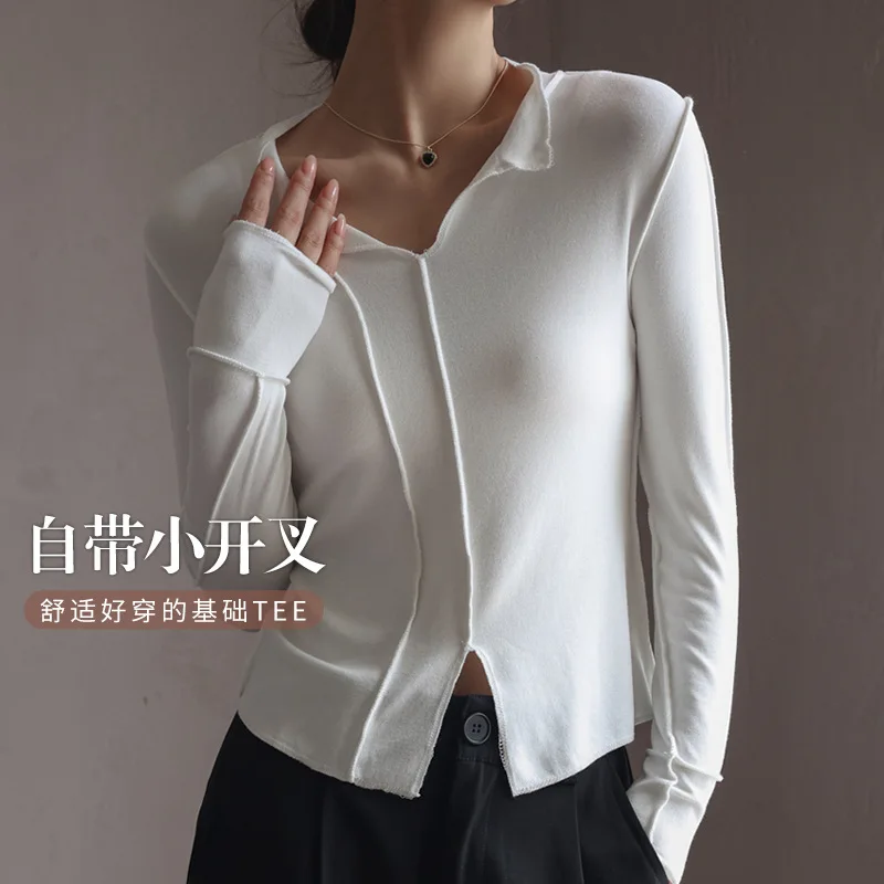 QHot-ขายคุณภาพ ModalVCollared Base Shirt Women, Autumn Inner Wear,เสื้อแขนยาวพร้อมดีไซน์ SenseTT-shirt