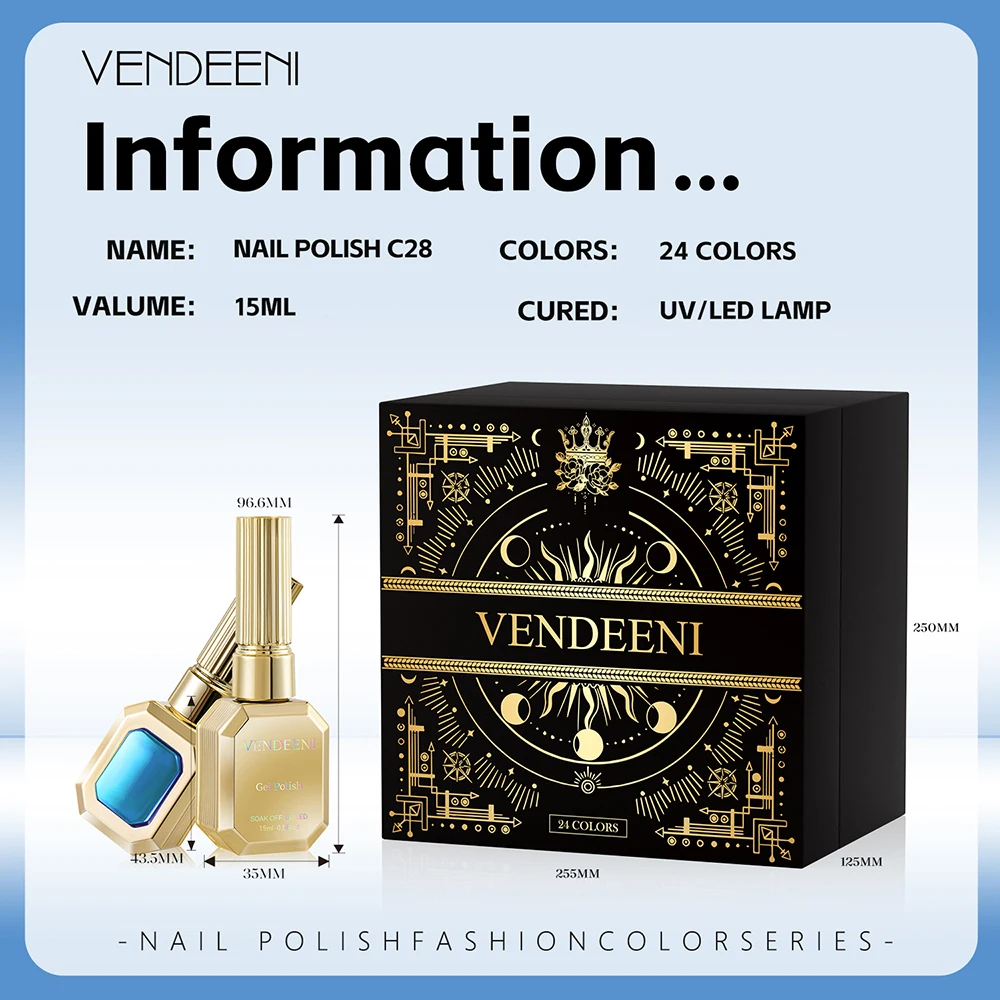 Vendeeni 24 Farben Hochpigmentiertes Blaues Gel-Nagellack-Set, Reine Farben, Glitzer, Katzenaugen-Effekt, Gemischter UV-Soak-Off-Gel-Lack mit Display – Detail 12