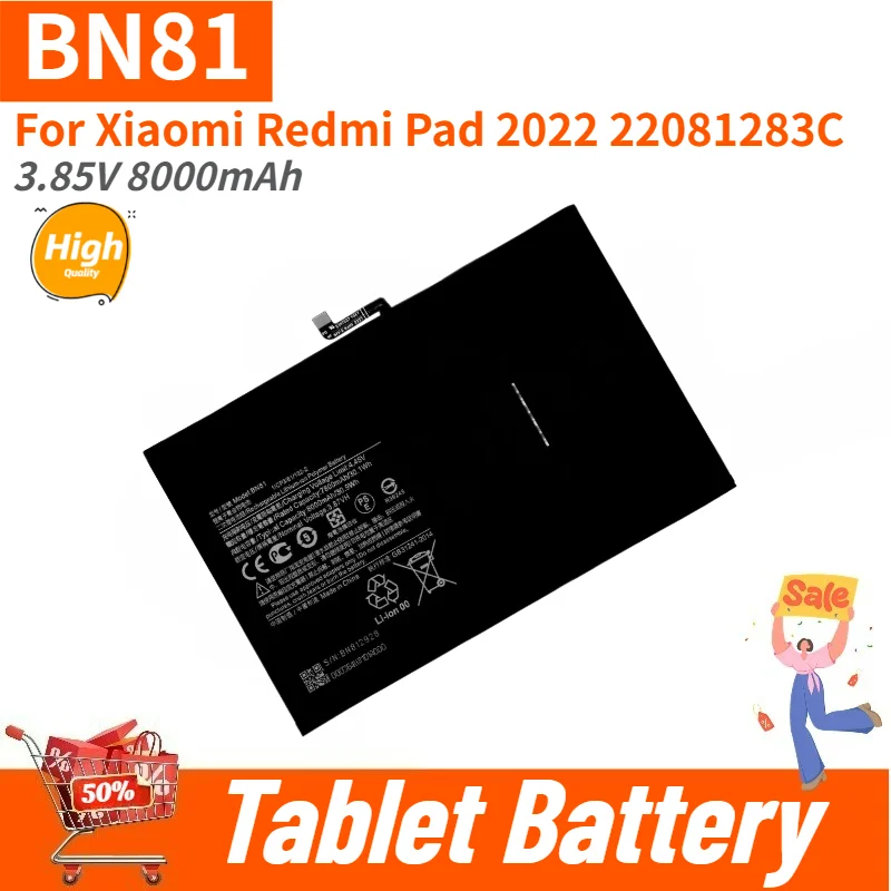 High Capacity BN81 Tablet Battery 3.85V 8000mAh For Xiaomi Redmi Pad 2022 22081283C High Quality Replacement Battery