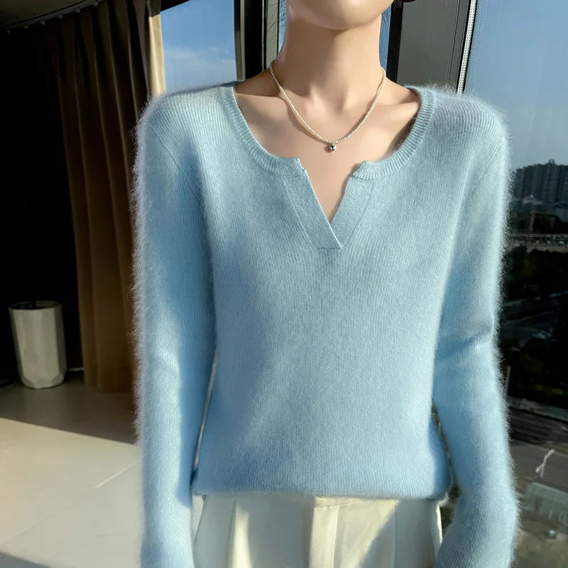 100% المنك الكشمير الخامس الرقبة المرأة البلوز سترة جديدة محبوك سليم صالح مثير الخريف والشتاء المرأة طويلة الأكمام قاعدة سترة