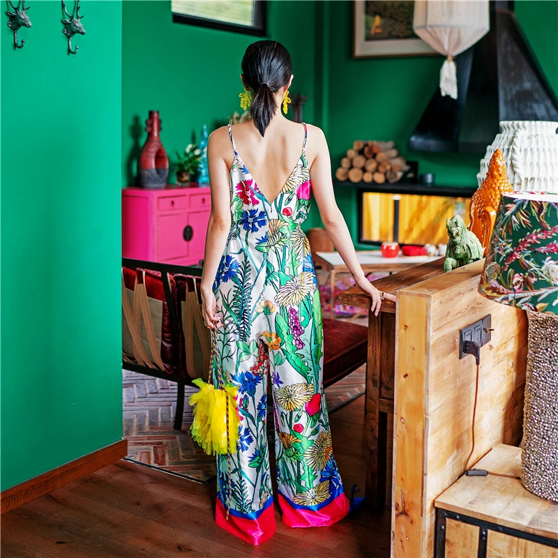 Design original de cetim de seda gelada com decote em V profundo Ne Macacão com estampa de floresta tropical Calças largas de cintura alta Calças compridas de poliéster...