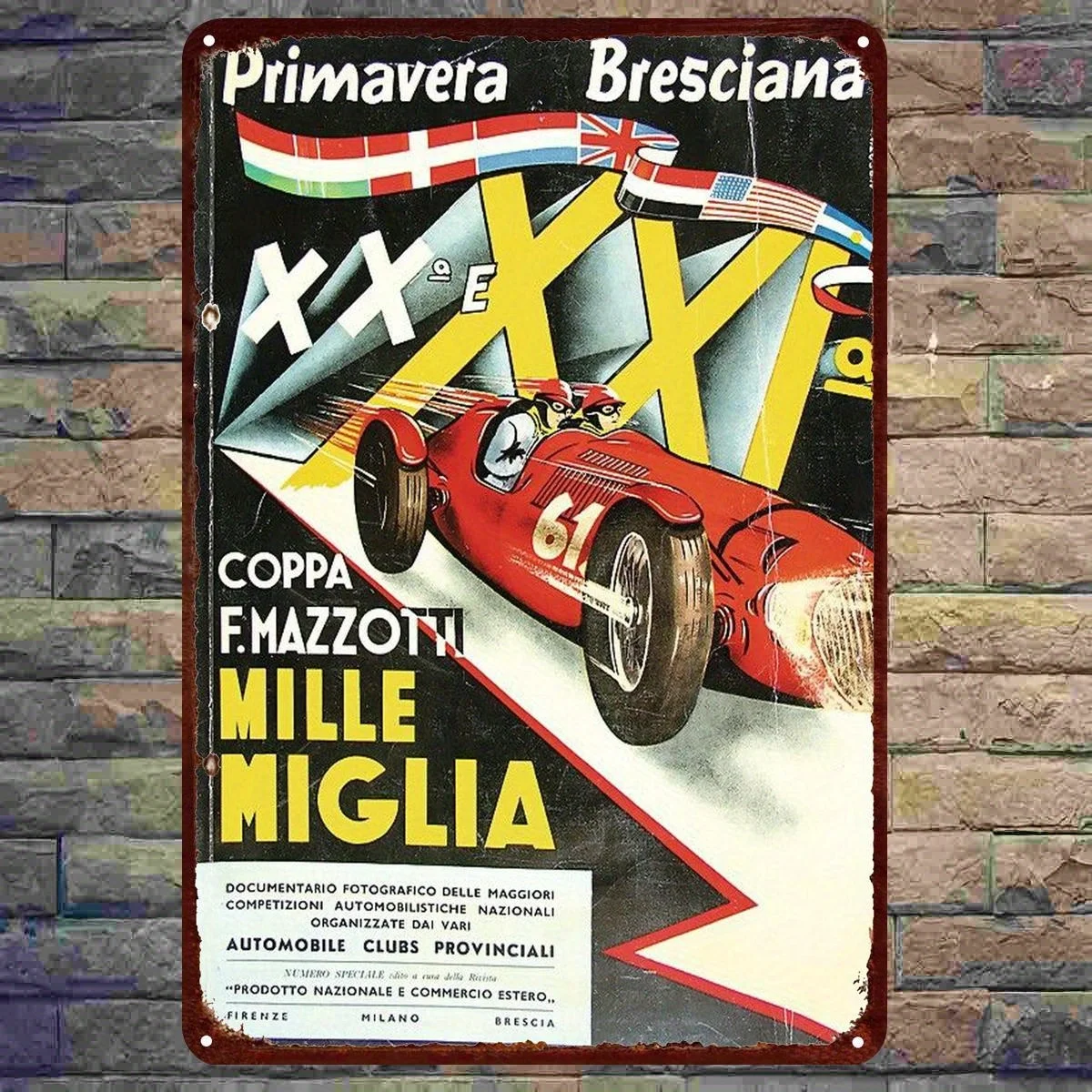 Mille Miglia Race Car Tin Sign - Coppa F. Mazzotti Primavera Bresciana XXI Edition,  , Retro Italian Auto Racing Poster with Re