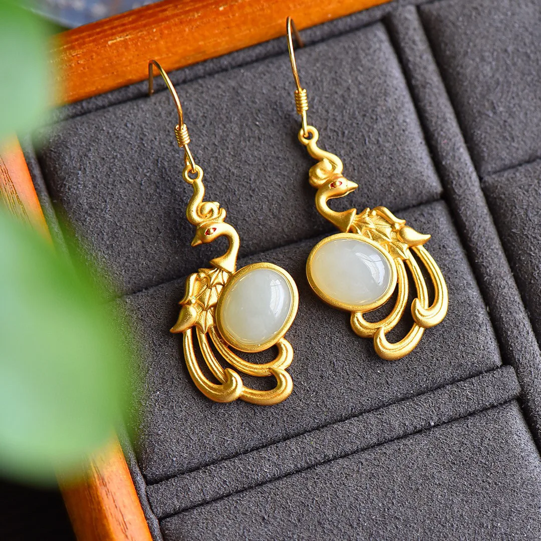 S925 Sterling Silver Stud Earrings With Natural Hetian Jade Vintage Style Women S Earrings Featuring Elegant Gold Ear Hooks