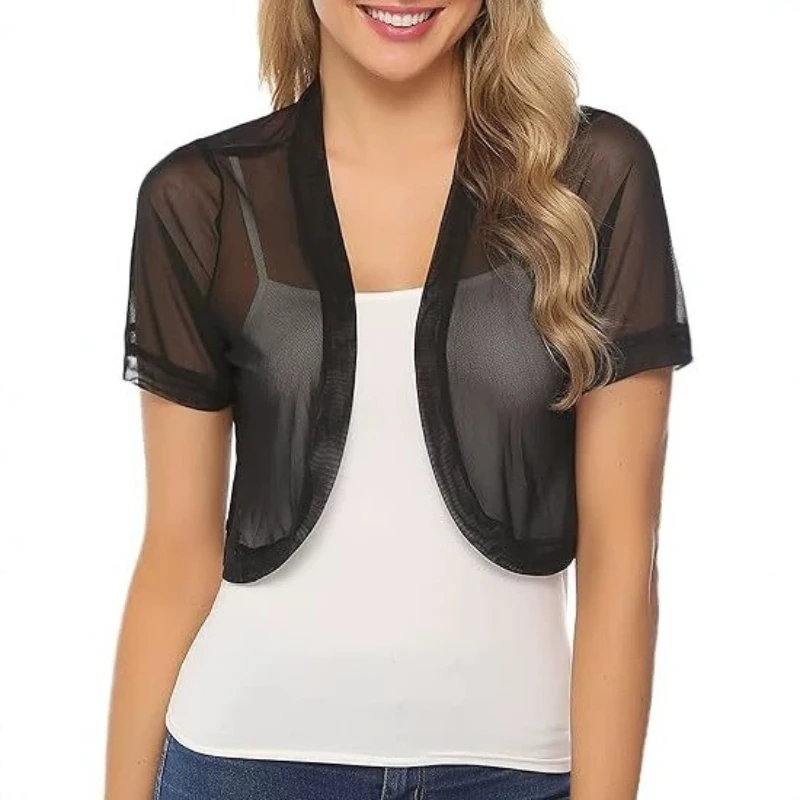 Cross-border Summer Mesh Sexy Versatile Top with Shawl Blouse Spice Girl Sunscreen Short-sleeved Cardigan Women Cw79272