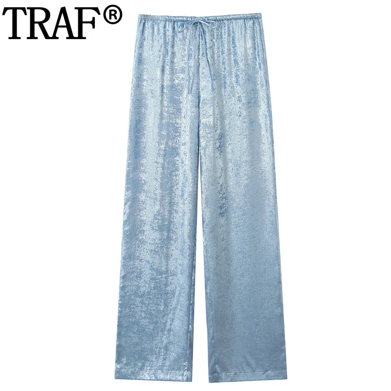 TRAF 2024 Foil Blue Pants Women High Waist Baggy Pants Woman Summer Casual Wide Leg Pants Streetwear Metallic Women's Trousers