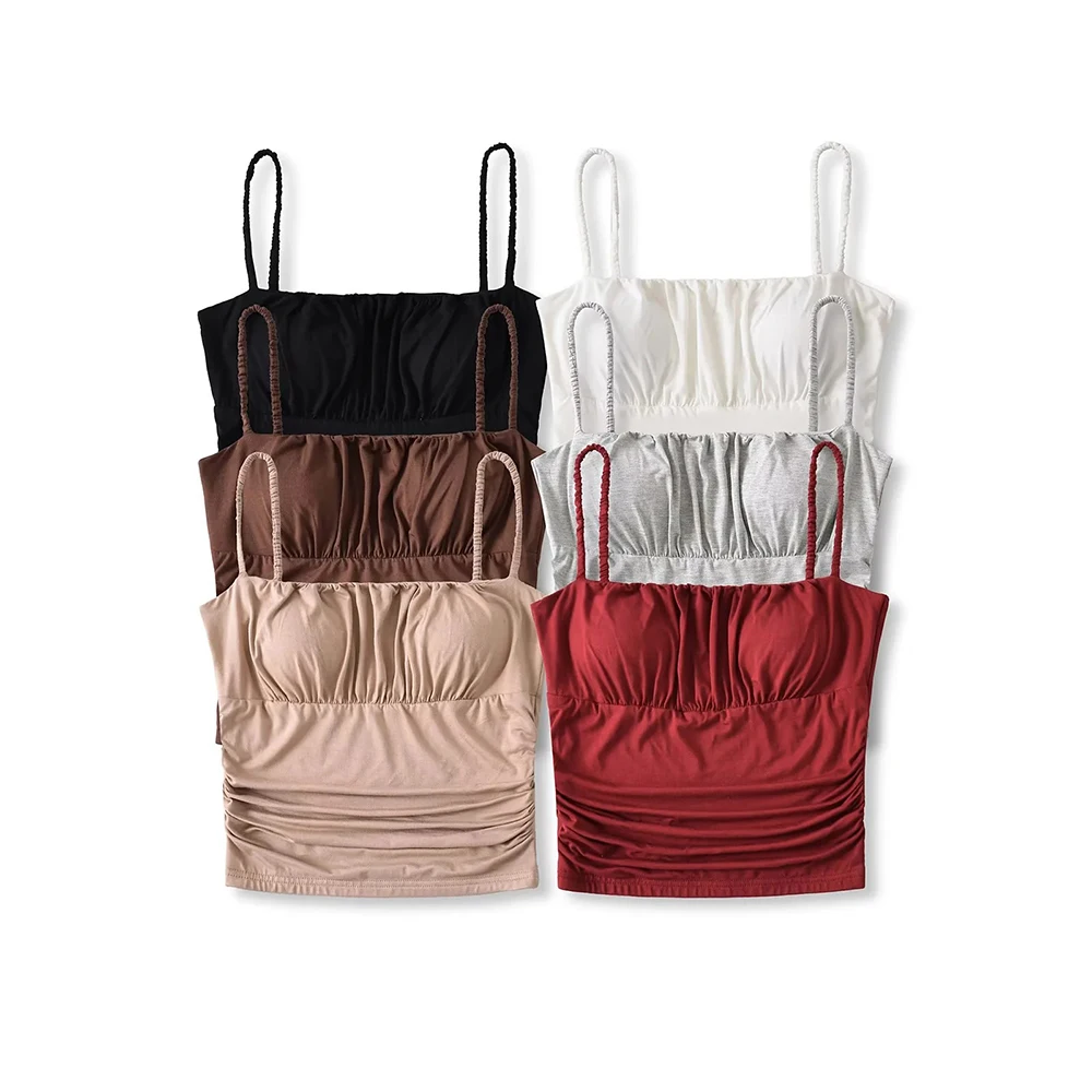 Sexy Spicy Girl Pleated Strap Vest Women's Summer New Style Slim Fit Inner/Outer Wear Top with Chest Pad Pleats Female Tops