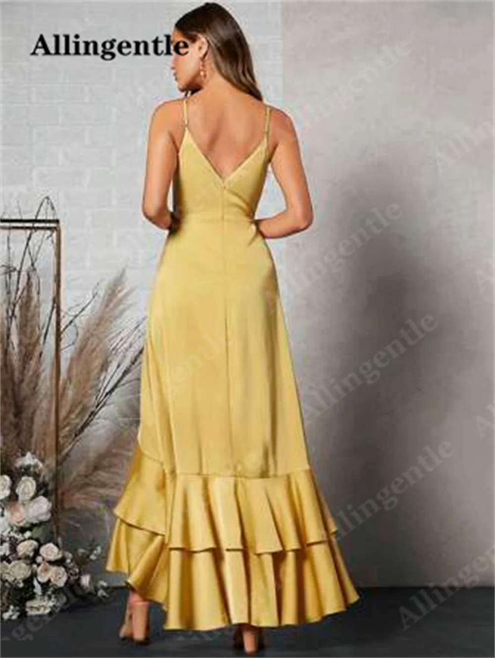 Allingentle Chic Fashion V-Neck Satin Bridesmaid Dresses 2024 A-line Ruffles Slit Party Prom Gown Floor Length vestidos de noche