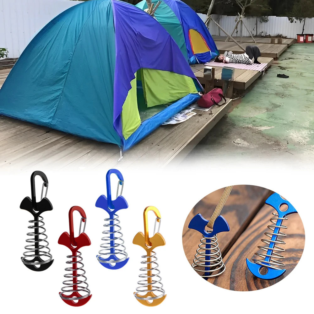 10pcs Deck Anchor Pegs Spring Fishbone Tent Stakes with Carabiner Windproof Tent Nails Wind Rope Buckle Camping Tent Hooks