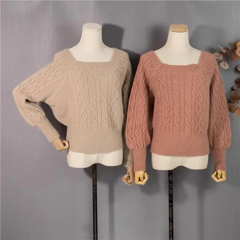 2023 Fashion Twist Sweater Pullover Sweet Square Collar Sweaters Women  Off-shoulder sexy  Elegant Solid Loose Knitted  Jumpers