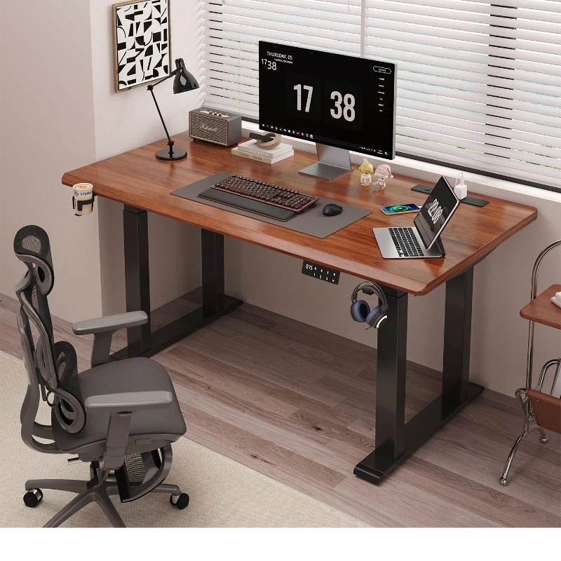 Four-column dual-motor pure solid wood rubber wood electric lifting table computer desk household desk smart desk