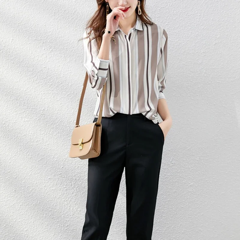 Chiffon Women Shirt Button Up Shirt Long Sleeve Blouse Korean Fashion Women Clothing OL Stripe Casual Shirts Basic Womens Tops