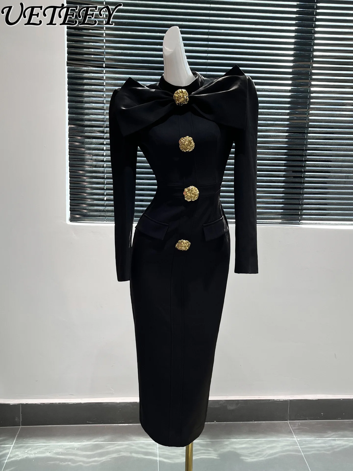 French Retro High-End Design Long Sleeve Bow Dress for Women 2024 Early Spring New Elegant Black Slimming Sheath Dresses