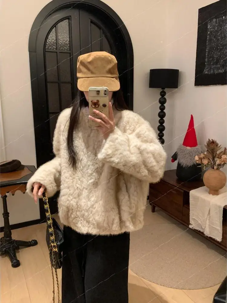 

Fluffy ort Outerwear Women's Winter New Sle Eco-friendly Fur Leather Inteated Stand Collar Loose Lazy Slimming Warm Top