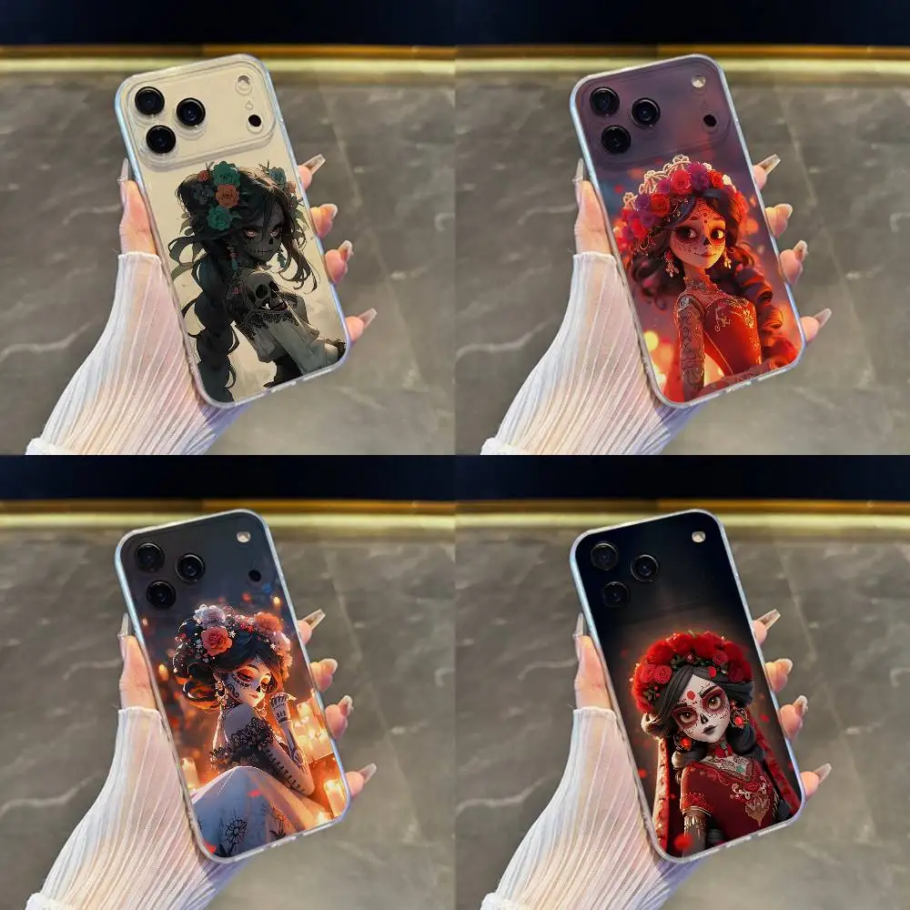 

Skull Girl Catrina Mexican Phone Case For iPhone 17,16,15,14,13,12,11 Pro,Max,Plus,X,XS,XR,SE4,E Mini Transparent Soft Cover