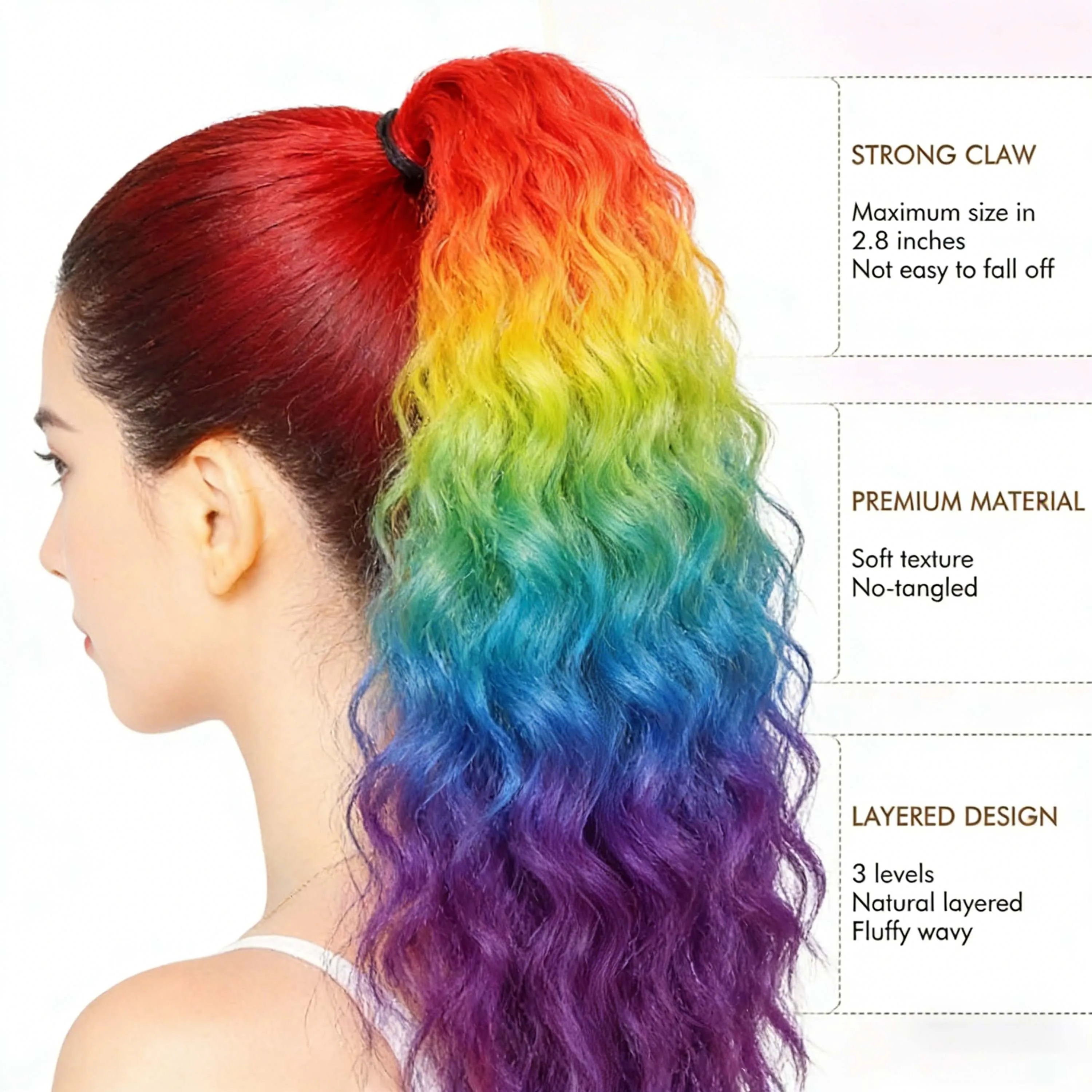 Synthetic Rainbow Claw Long Wavy Ponytail Extension 18-30" Water Wave Curly Pony Tail Clip in Hair Extensions Fluffy Natural view 3
