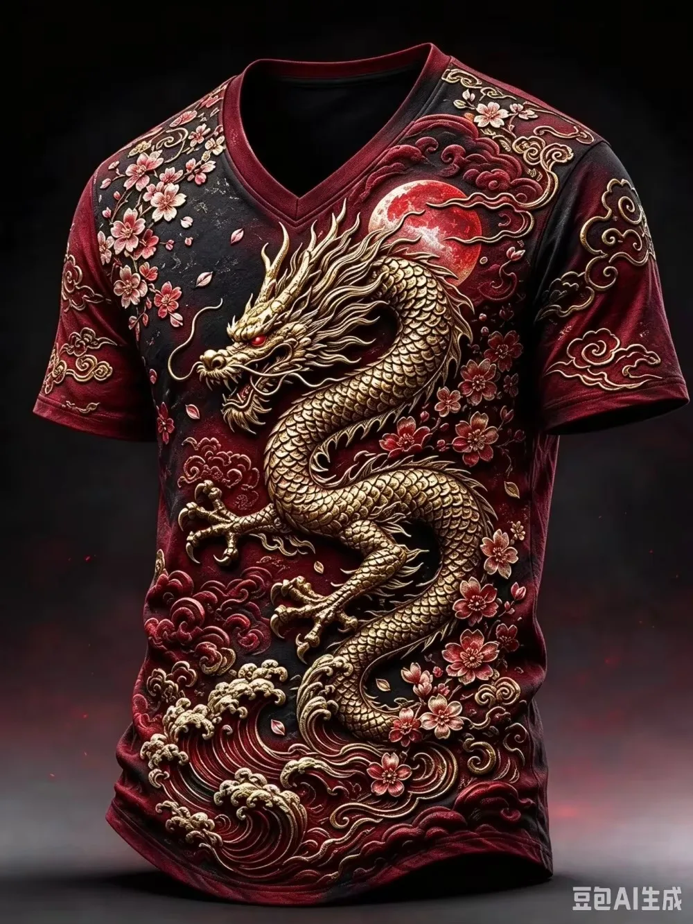 Japanese Ukiyo-e Golden Dragon 3D Printed Sport Quickdry Breath Men V-neckT-shirt Outdoor Street Casual Fashion Parent-Child Top