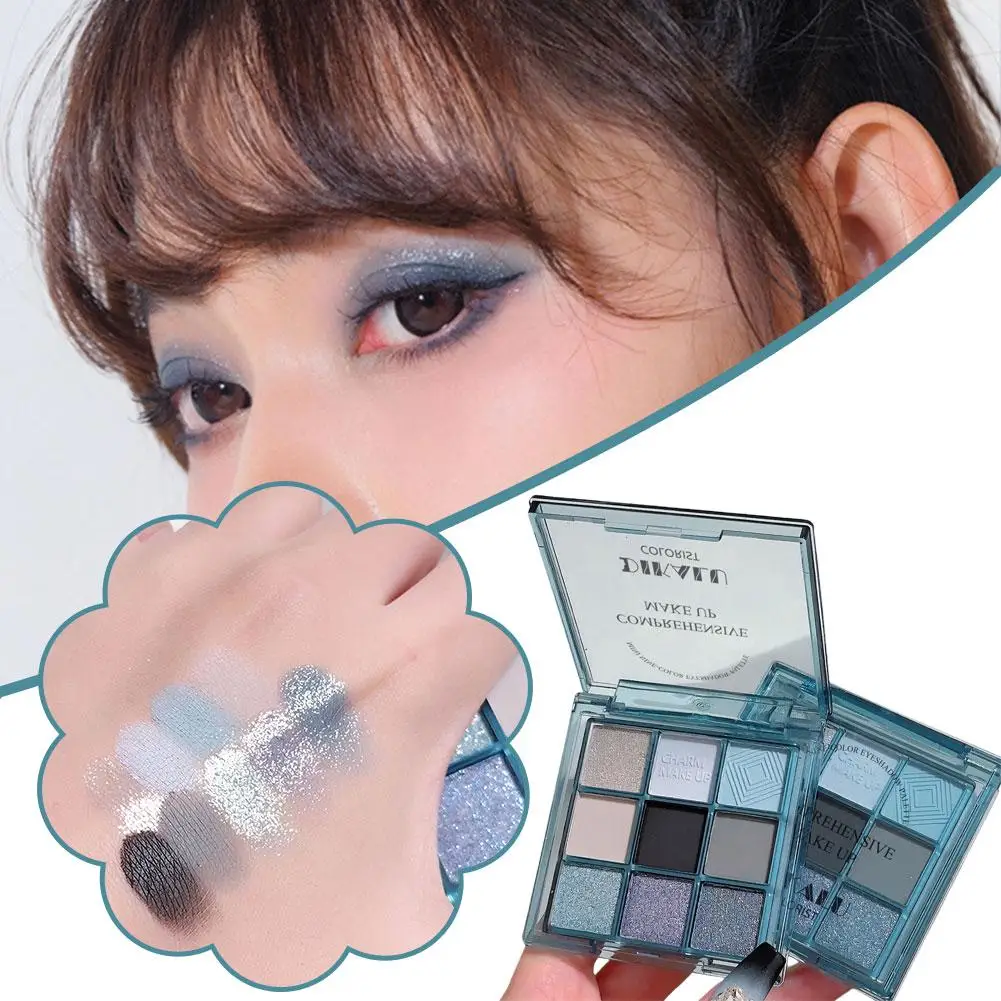 Paleta de sombra longa impermeável Smokey, azul nove quadrados, maquiagem fosco perolado, brilho, sombra de olho duradoura, M6a3