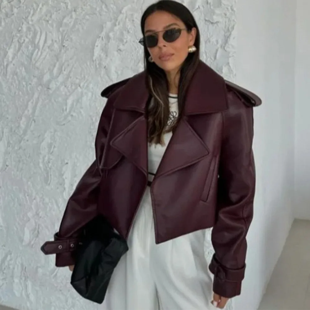 

Gothiscyn Retro Red Brown PU Leather Jacket for Women's Autumn and Winter Turn-down Collar Long-sleeved Short Jacket