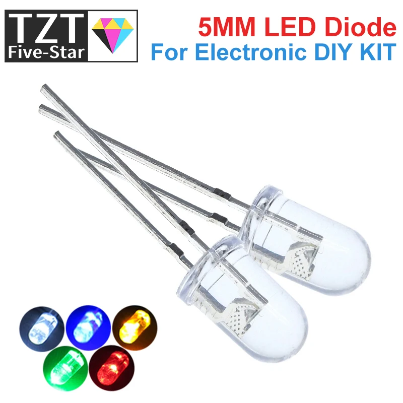 TZT (10/100pcs)/lot Transparent Round 5mm super bright water clear Green Red white Yellow Blue Light LED bulbs emitting diode F5