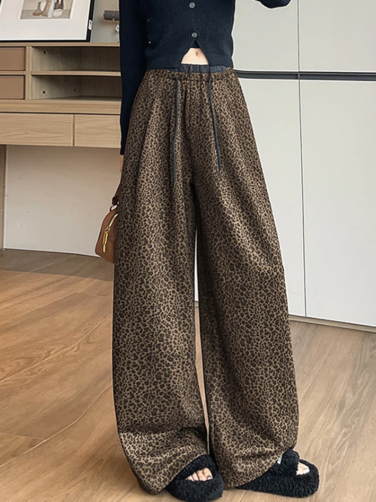 بنطلون نسائي واسع الساق بخصر مرتفع وطبعة الفهد من الجلد المدبوغ، فضفاض مع حزام مطاطي، جديد للخريف والشتاء، يساعد على تنحيف الجسم
