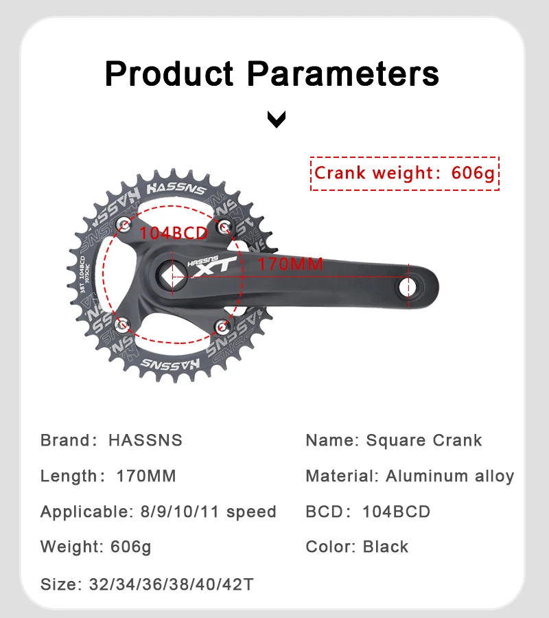 HASSNS Mountainbike-Kurbelgarnitur mit quadratischem Schaft und positiv-negativem Zahnprofil, 104 BCD, Einzelkettenblatt für Upgrades – Detail 2