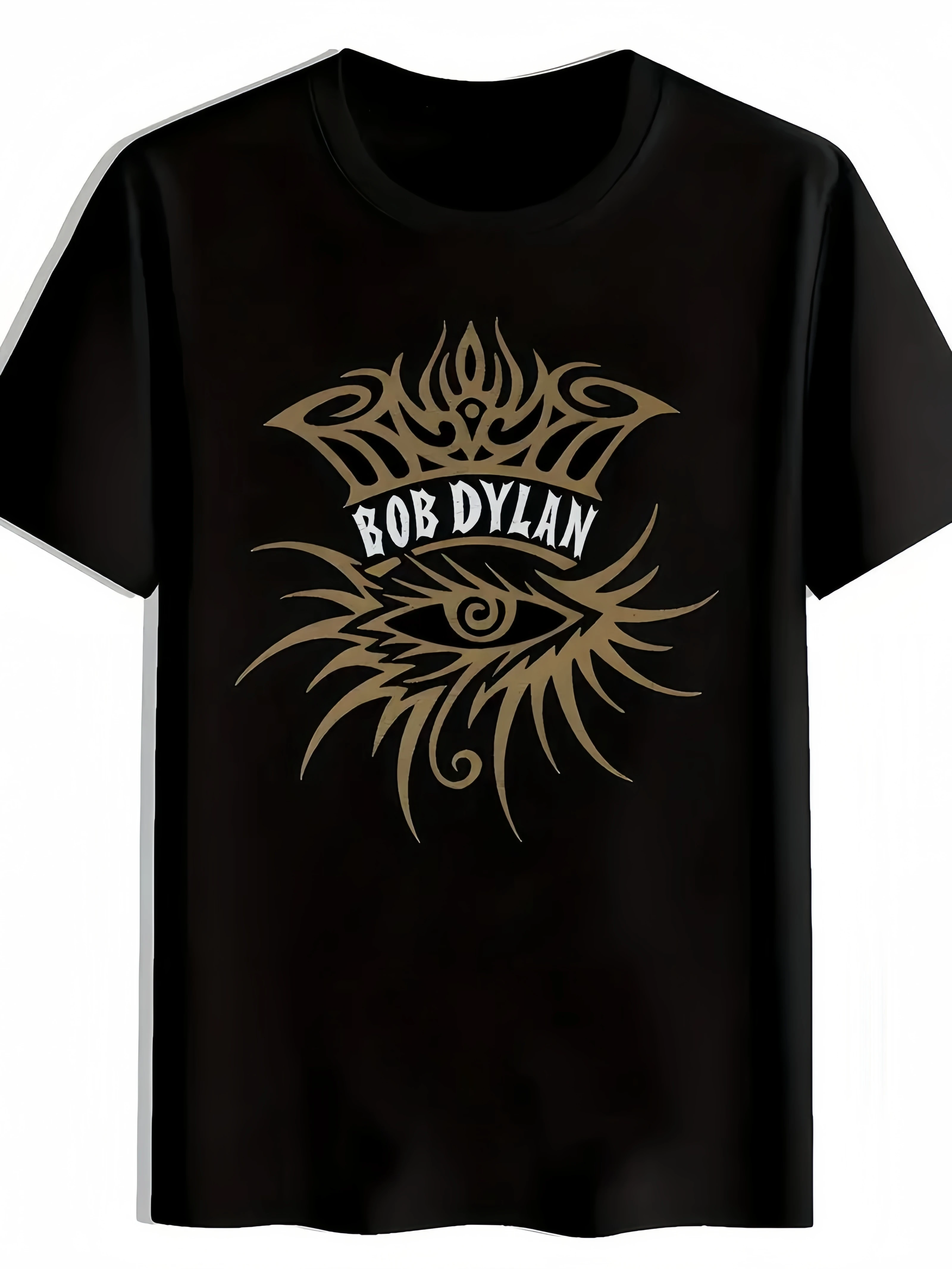 

Men'S Vintage Rock Band Graphic T-Shirt - Bob Dylan Inspired Design, Black Short Sleeve Crew Neck, Perfect for Summer, Travel