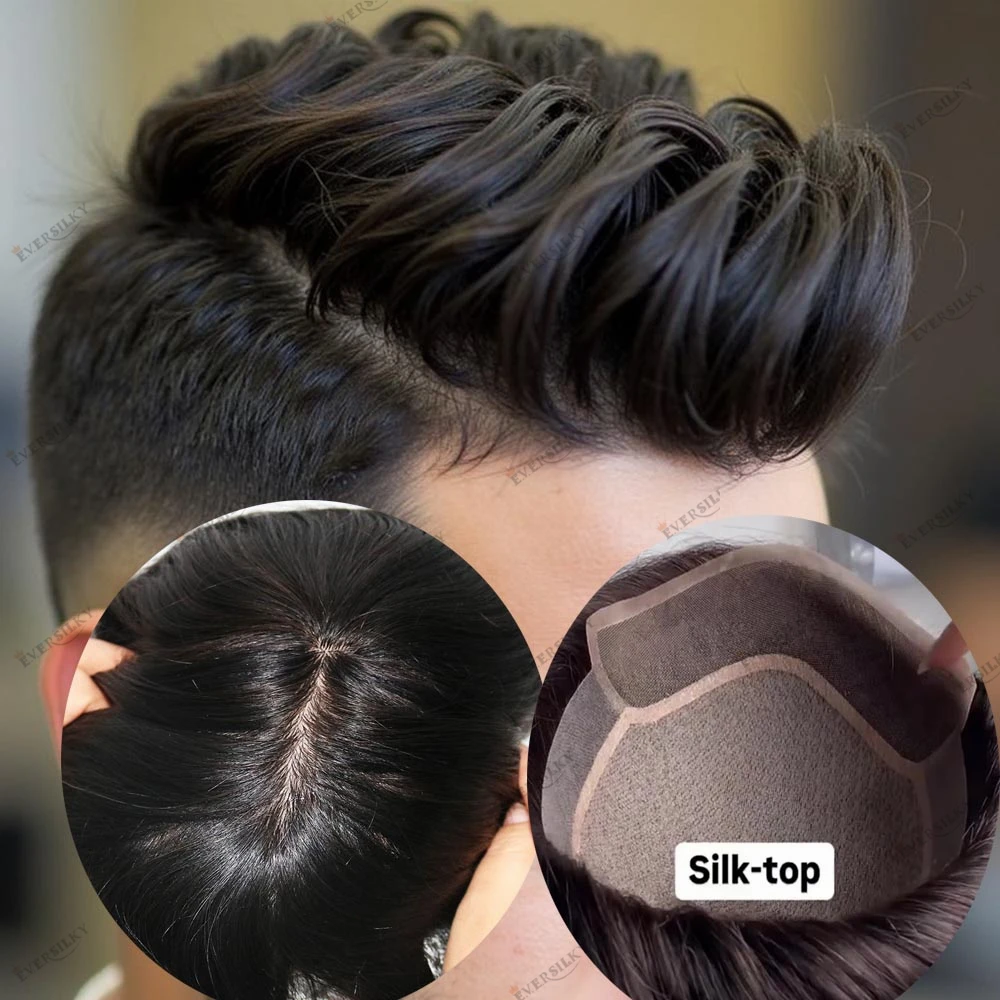 

Мужской парик-накладка из натуральных волос Skinlike на шелковой основе, с кружевной передней частью, дышащий, черный, для замещения волос