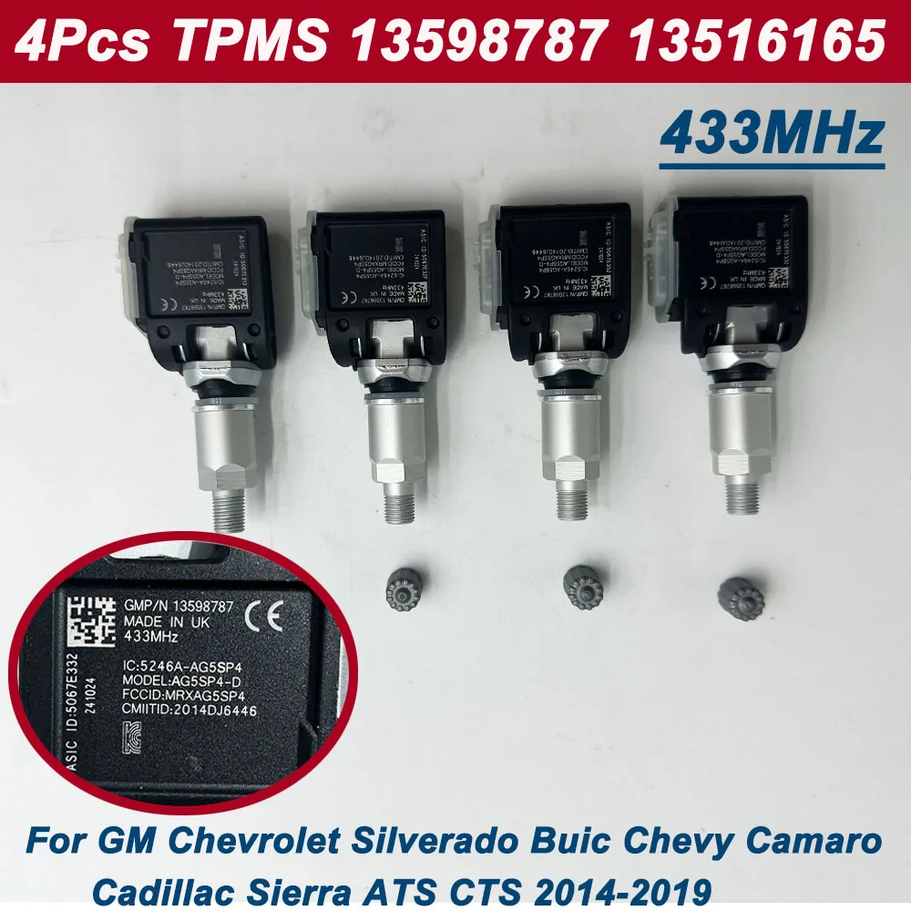 

4Pcs Tire Pressure Sensor TPMS 13598787 13516165 13589602 13540598 For GM Chevrolet Camaro Buick Cascada Cadillac ATS CTS 433Mhz