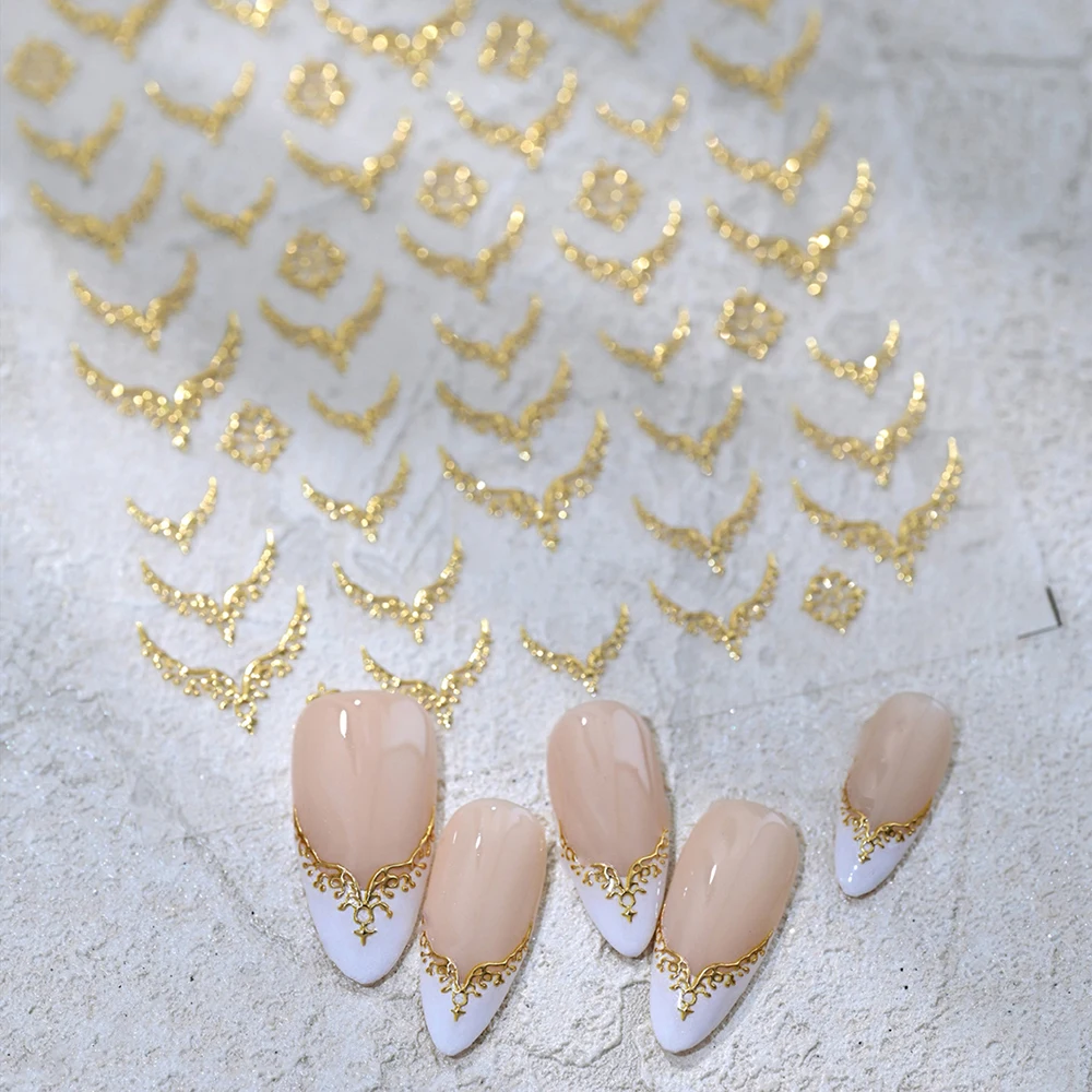 1 Stücke Gold Retro Spitze Flügel FrenchNail art Aufkleber Bronzing V-förmigen Französisch Nägel Abziehbilder DIY Elegante Maniküre Sliders Dekorationen