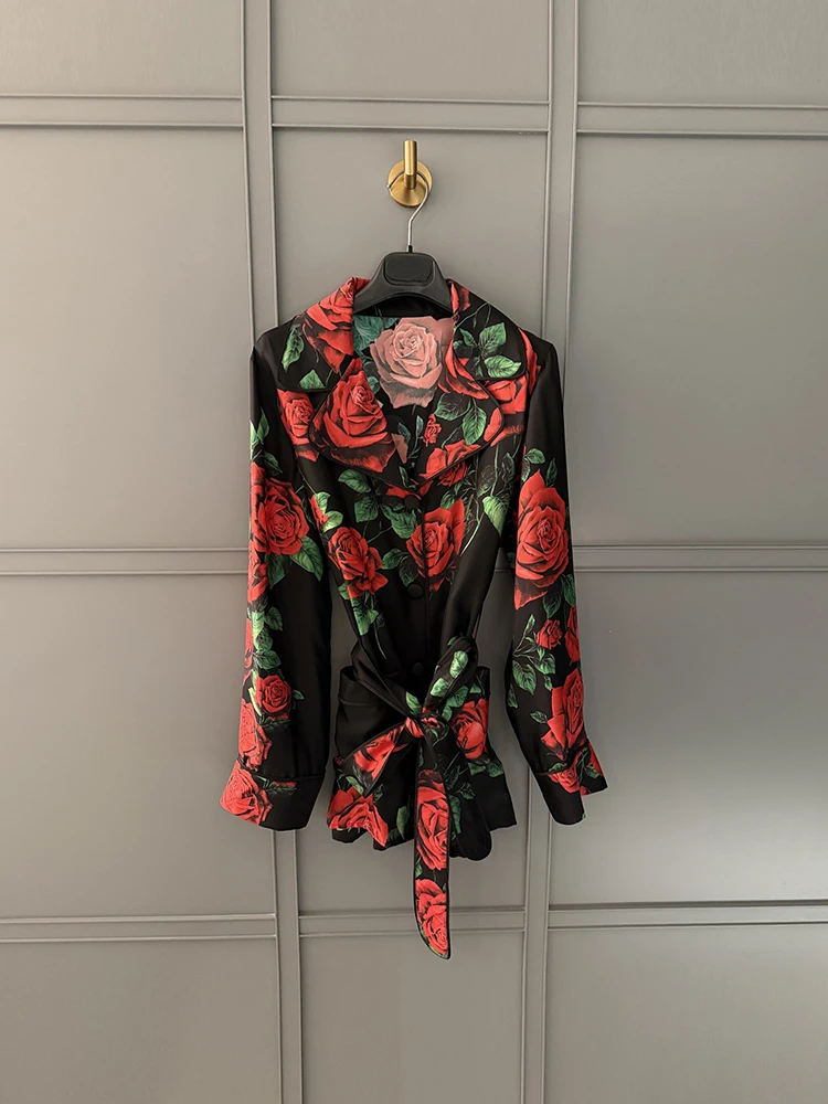 Spring Summer Fashion Vintage Rose Print Silk Casual Blouses Women's Turn-down Collar Single Breasted Long Sleeve Belt Shirt