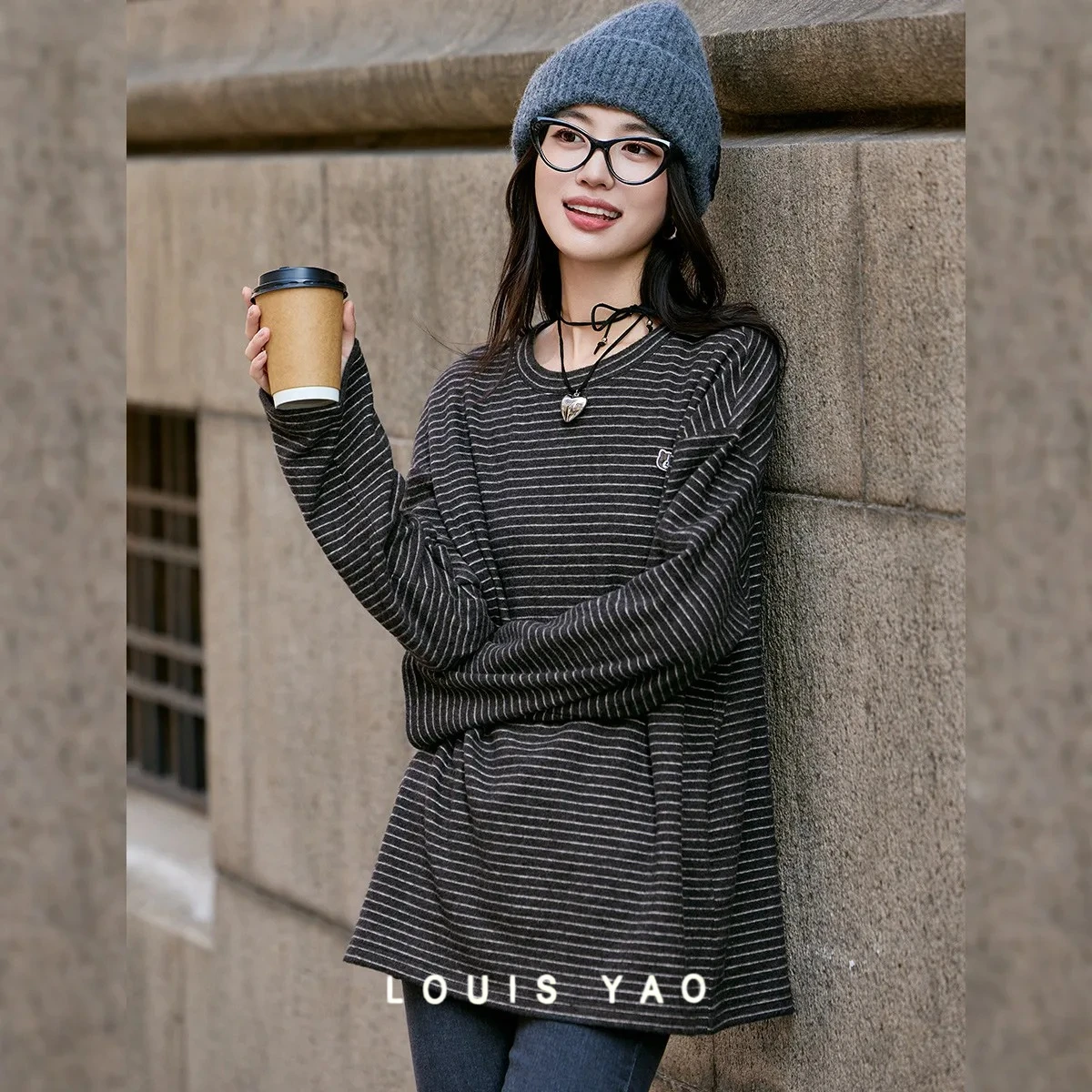 

LOUIS YAO New Casual Striped Knitted Women's T-Shirt 2025 Autumn & Winter Stylish Loose-Fit Top Lazy Vibe Long-Sleeve Tees