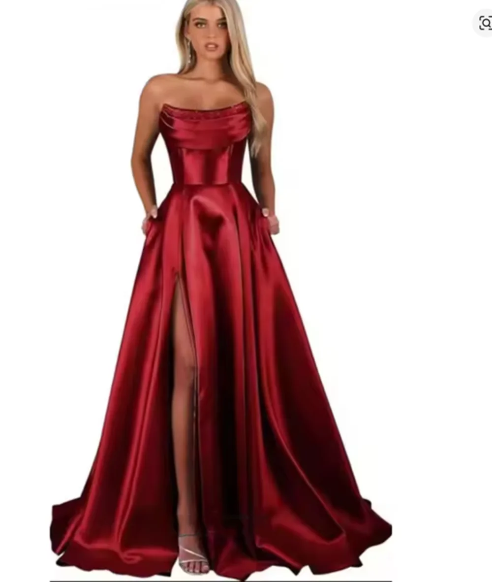 ชุดราตรีผ้าซาตินสั่งตัดพิเศษ ชุดราตรีค็อกเทลผู้หญิง ชุดราตรีทรงเอ ชุดเดรสผู้หญิงมีกระเป๋าสำหรับงานพิธีการ