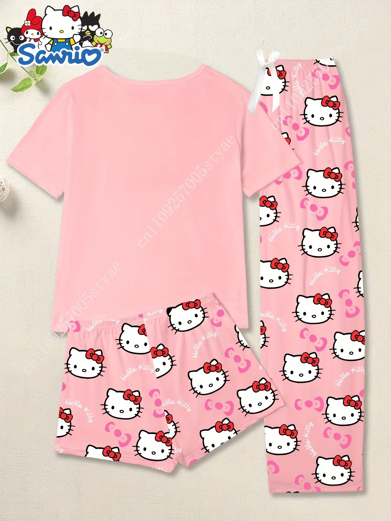 

Sanrio Hello Kitty 3pcs Women'S Pajama Set with Long Pants, Shorts Short-Sleeve Top for Summer