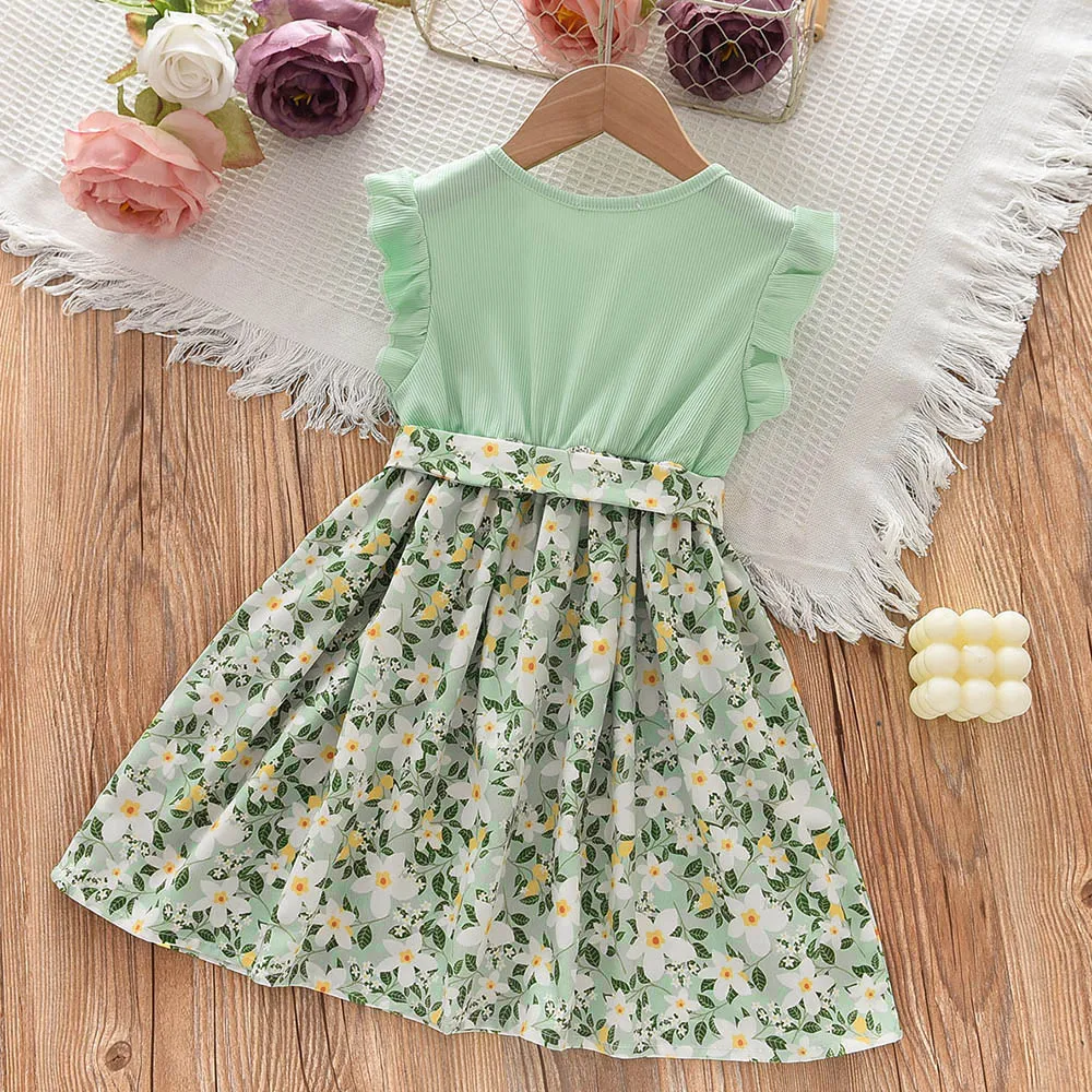 Summer Girls Floral Dresses New Fashion Sweet Kids Flowers Patchwork Dress Vestidos Children Clothing 4-7 Years