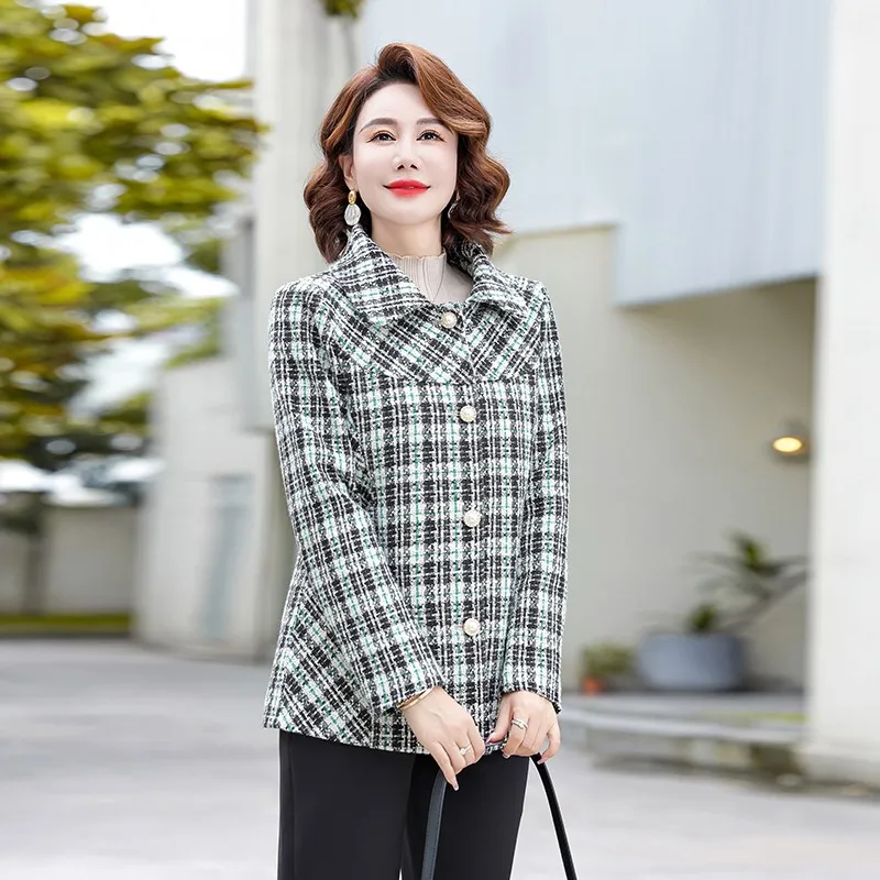 

Autum Women's Woolen Coat Lapel collar Plaid short Outerwear Wool Jackets Lapel Female Single Breasted Tops