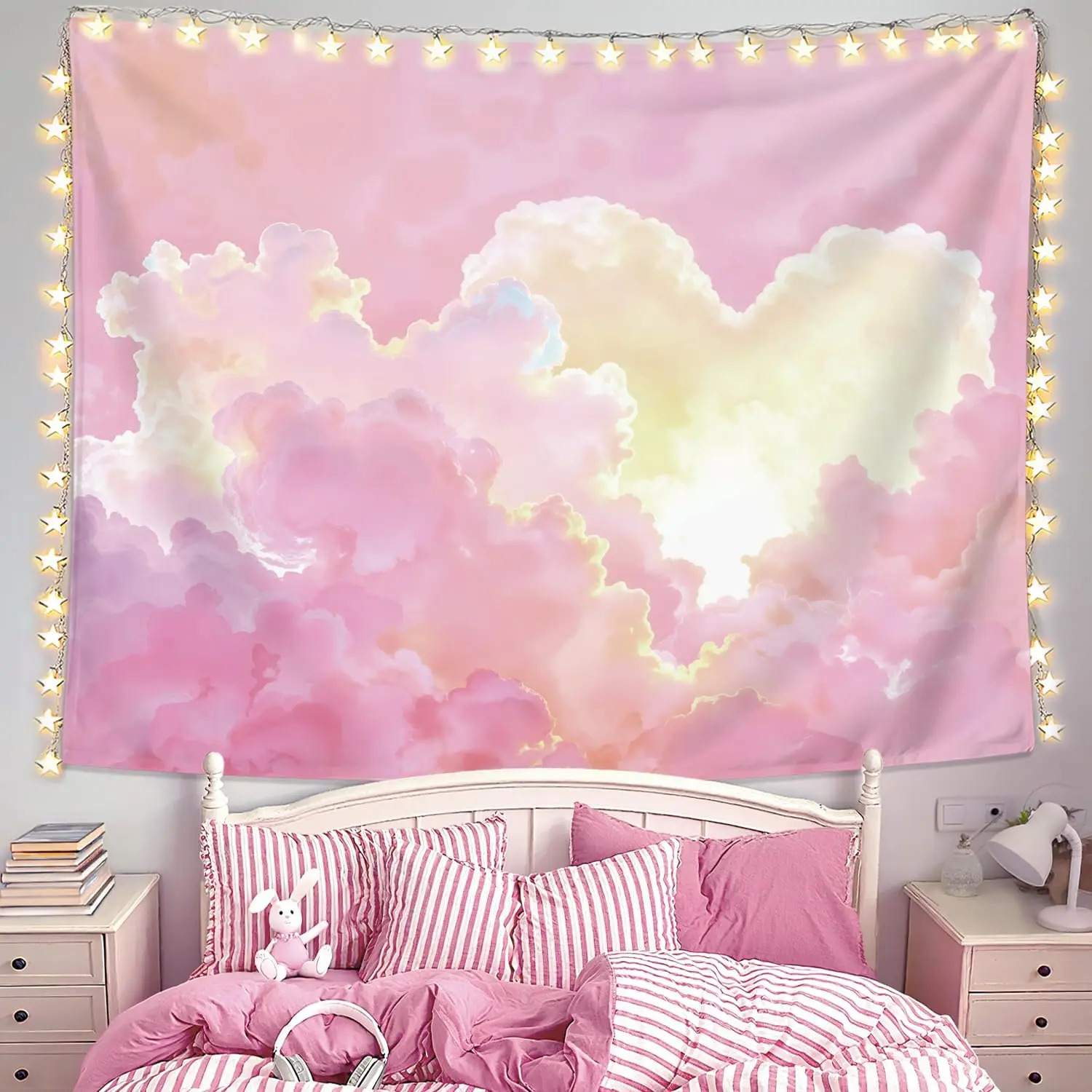 Tapiz de pared Preppy Pink Cloud, decoración de habitación Preppy, decoración de pared con estética de paisaje natural de nubes rosas para el hogar