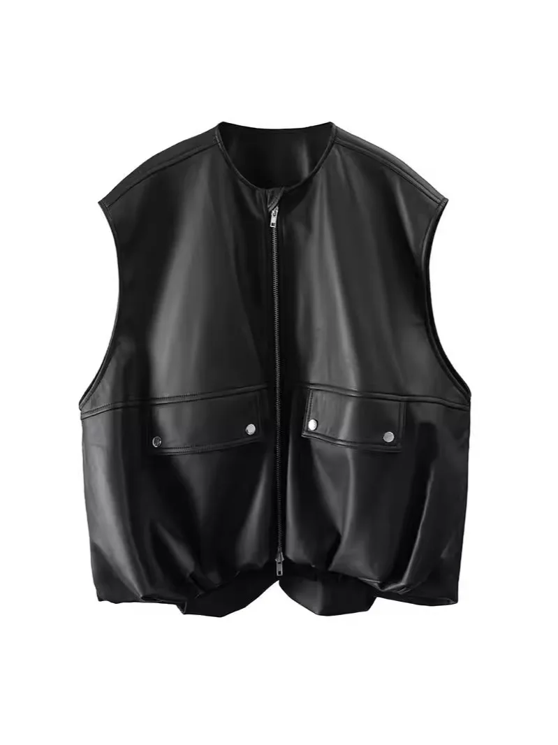 Damen-Weste aus echtem Leder, kurze schwarze Schaffelljacke, lockere Passform, trendiges Oberteil für Frühling und Herbst