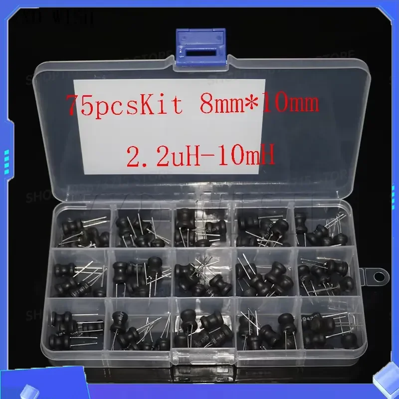 for 75Pcs Box 8x10mm Power Inductor Kit 4.7uH 10uH 22uH 33uH 47uH 68uH 100uH 220uH 330uH 470uH 680uH 1mH 10mH Inductors