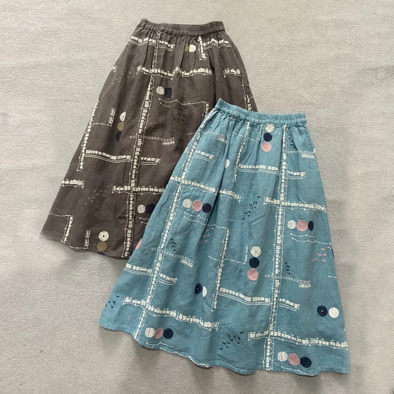 

Женская винтажная льняная юбка Johnature, Повседневная Свободная Асимметричная трапециевидная юбка с карманами и эластичным поясом, для лета, 2024