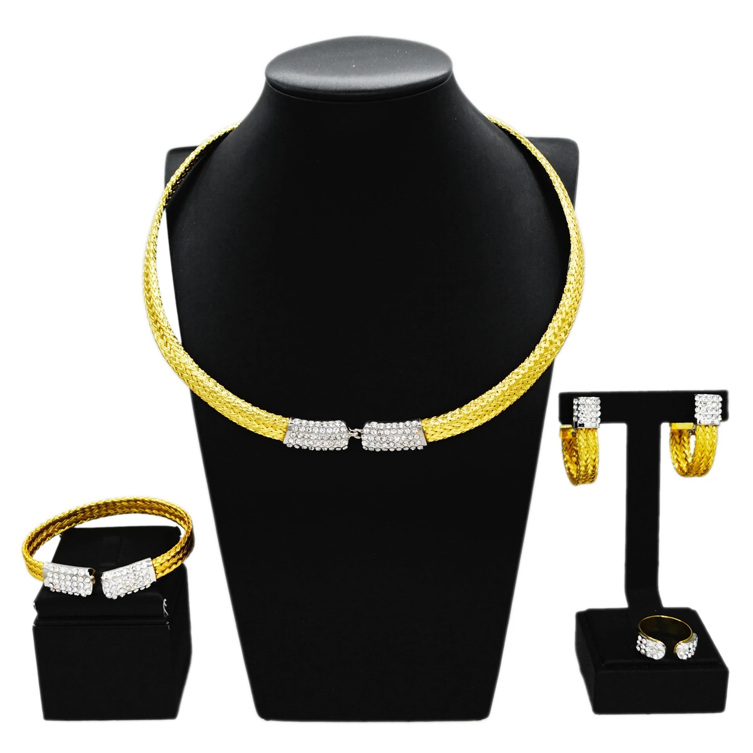 High Quality Brazilian Jewelry Set One Shining Thin Necklace Earring Ring Bracelet African Party Accessories for Women