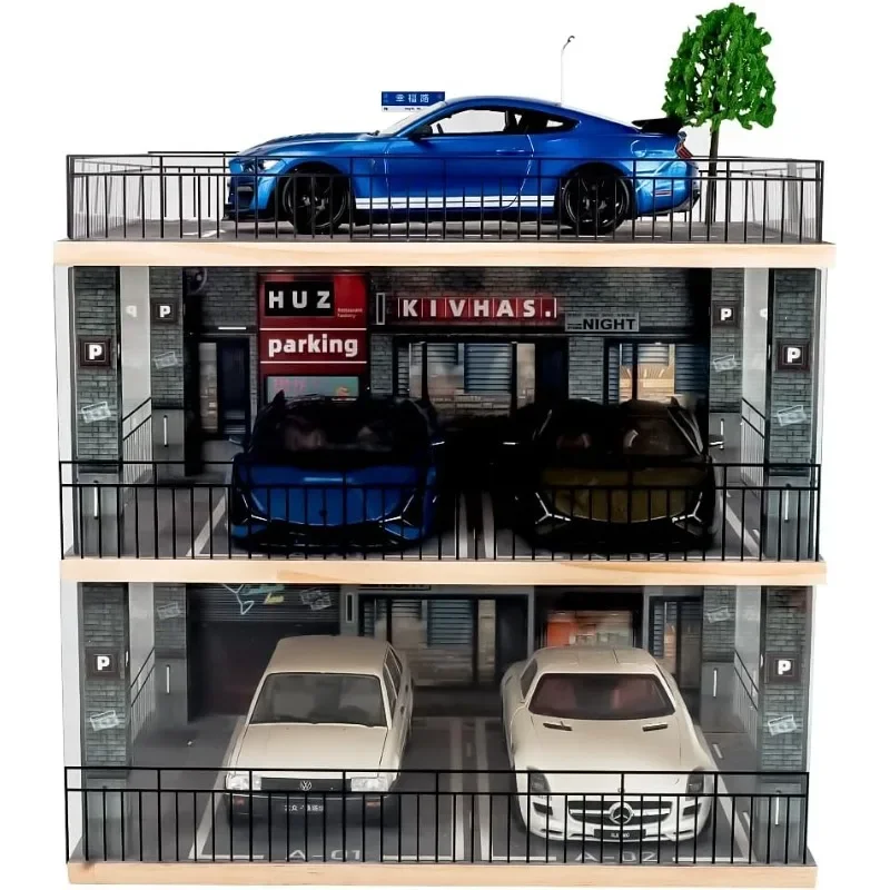 home.1:18 Scale 3-Tiers Model Car Display Case with Parking Lot Scene for Sports Car and Lego Models Collector, Display Stand fo