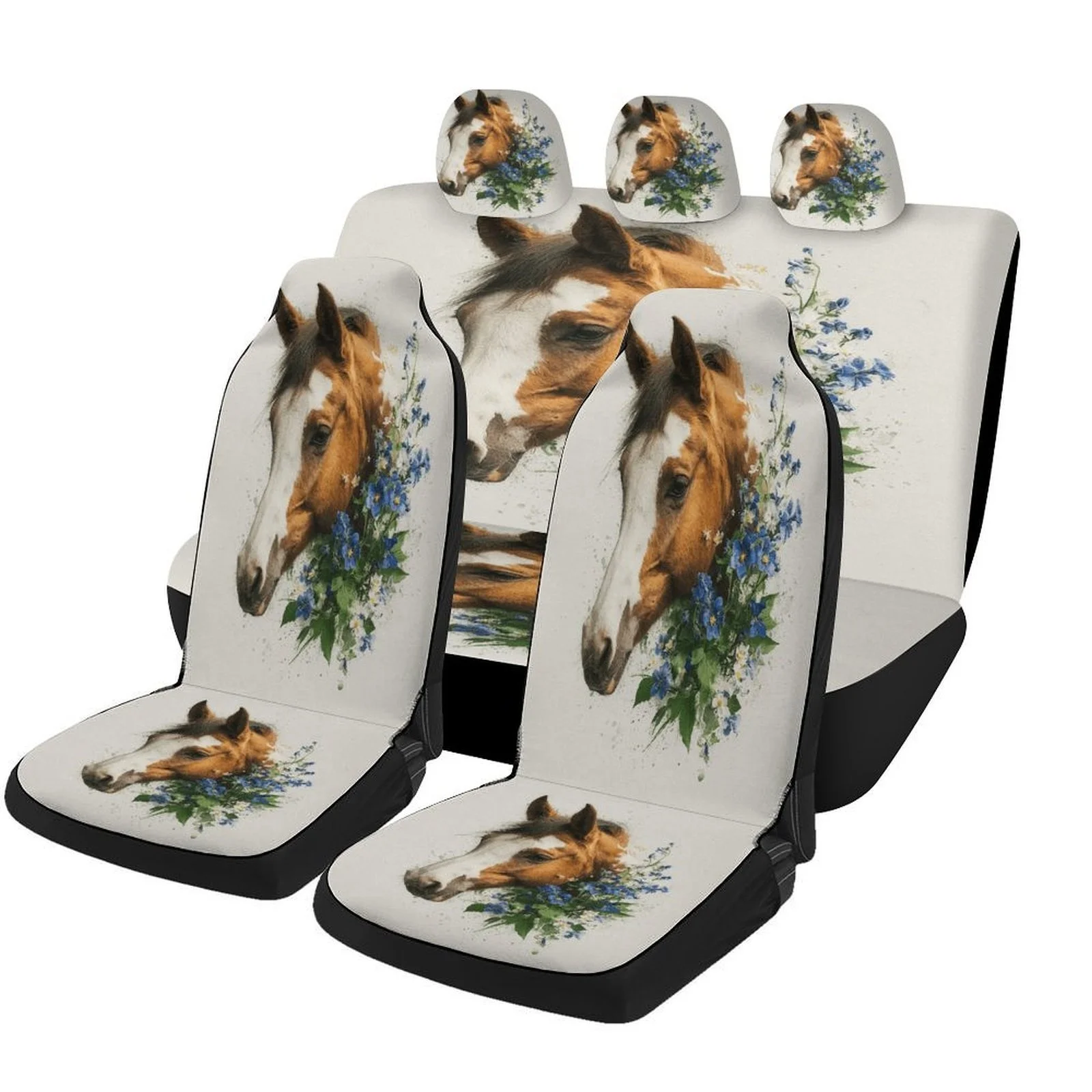 

Horse With Flowers Designed Car Seat Cover Set For Most Cars, Trendy Novelty High-quality Car Seat Protector Covers Full Set, Un