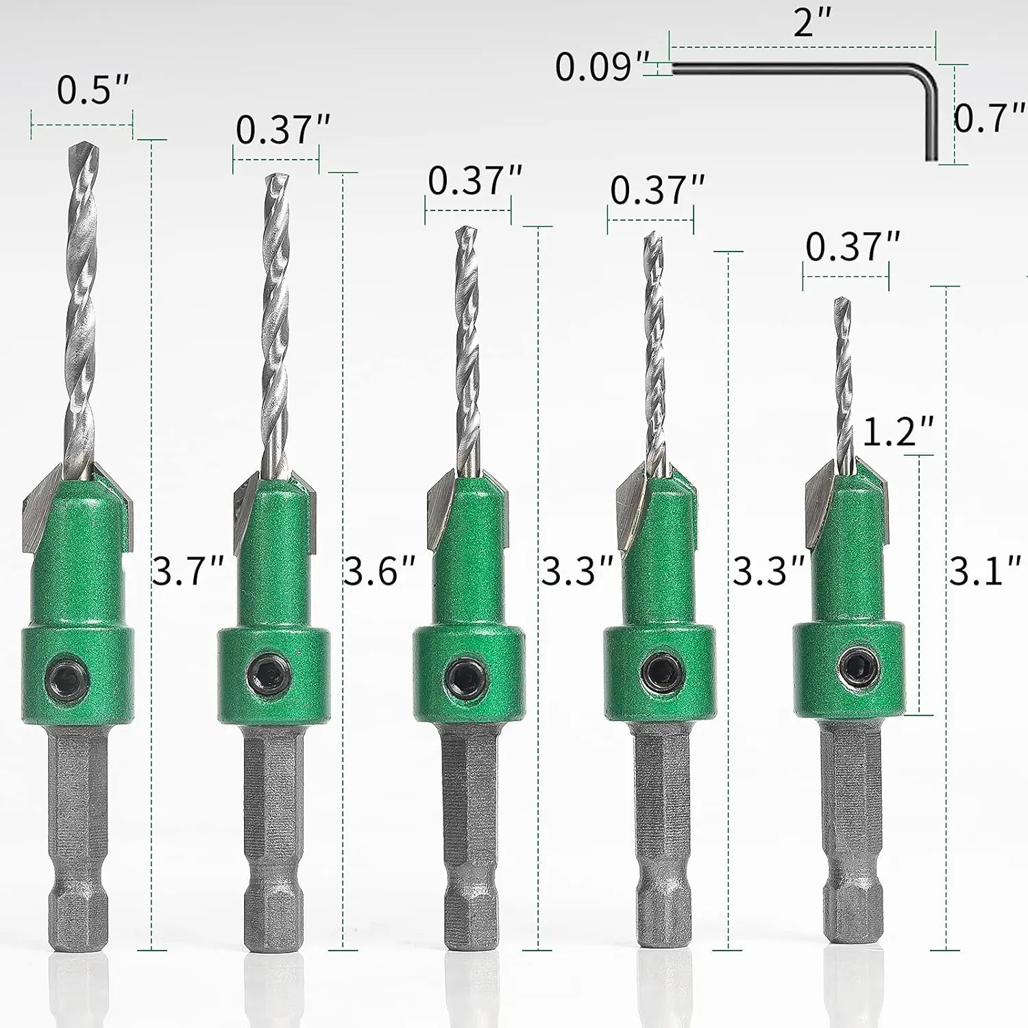Pro Countersink Drill Bit Set #4,6,8,10,12, 5-Piece for Wood, HSS Reamer with Hex Key view 4