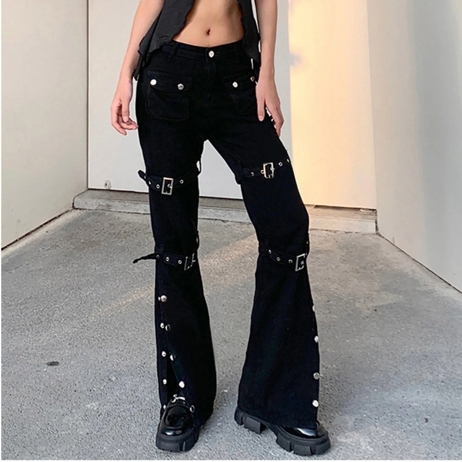 E-girl Gothic Black Cargo Pants Capri Women Low Waist Jeans Long Trousers Y2K Grunge Vintage Hip Hop Punk Harajuku Streetwear