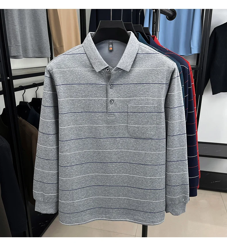 Hochwertiges gestreiftes Langarm-Poloshirt für Herren, neues Komfort-Taschendesign, Frühling/Herbst, luxuriöses Business-Casual-T-Shirt. – Detail 11