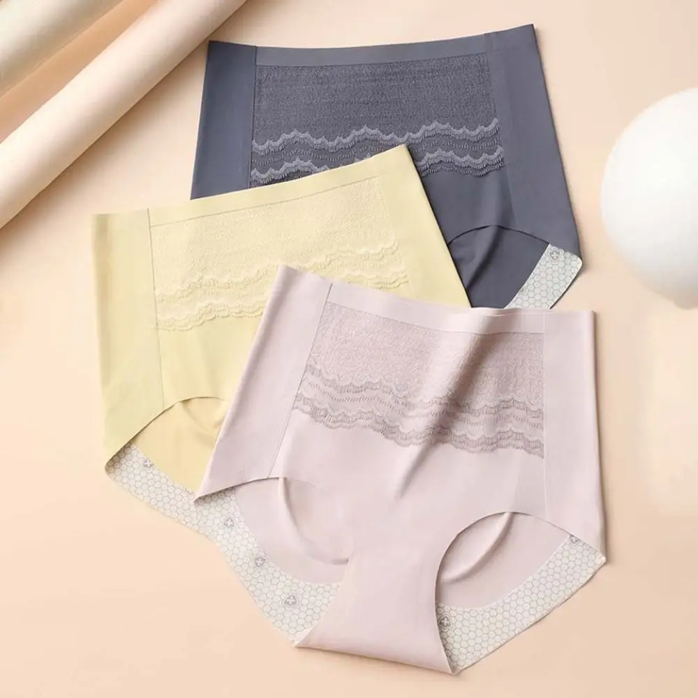 

Fashion Lace Flower Tummy Control Underwear Mid Waist Shapers Seamless Panties Ice Silk Underpants Butt Lifting Briefs Daily