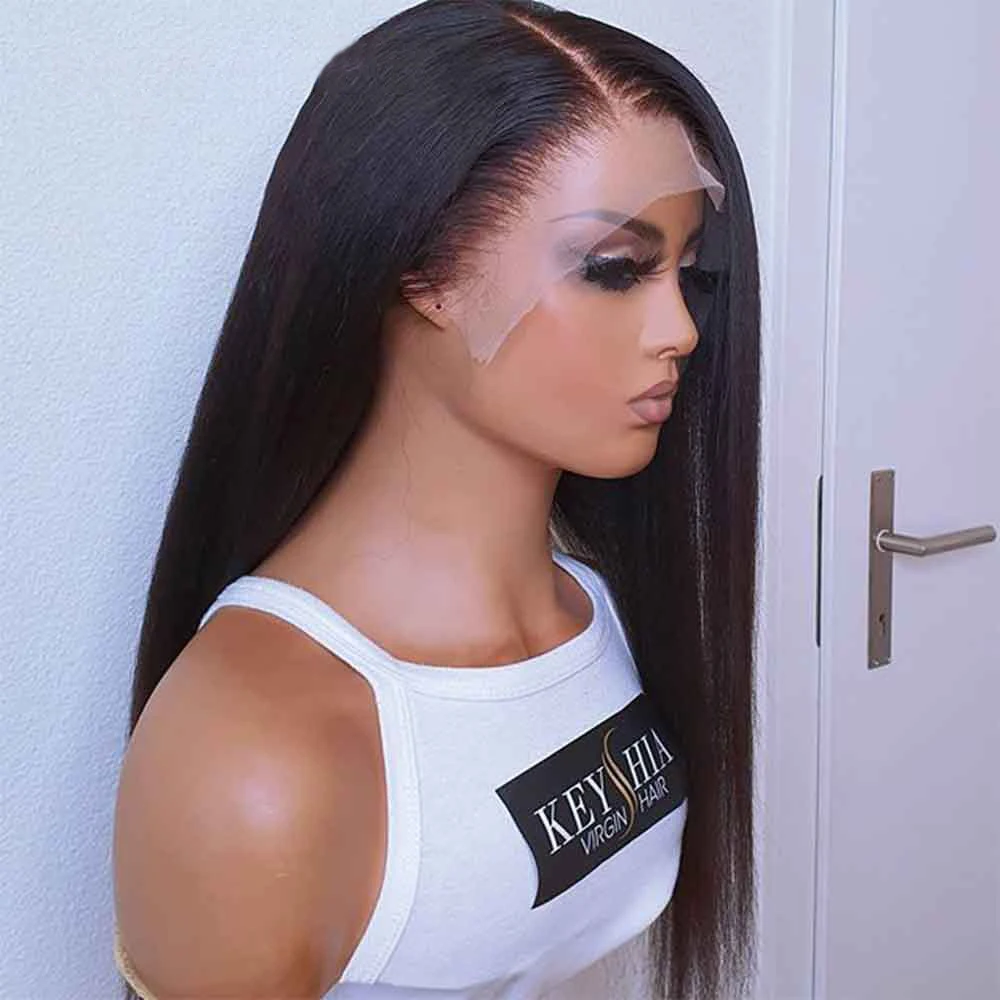 ياكي 180 الكثافة 26 بوصة لينة الطبيعية الأسود غريب مستقيم Preplucked طويل الدانتيل شعر مستعار أمامي للنساء الاصطناعية شعر الطفل غلويليس #3