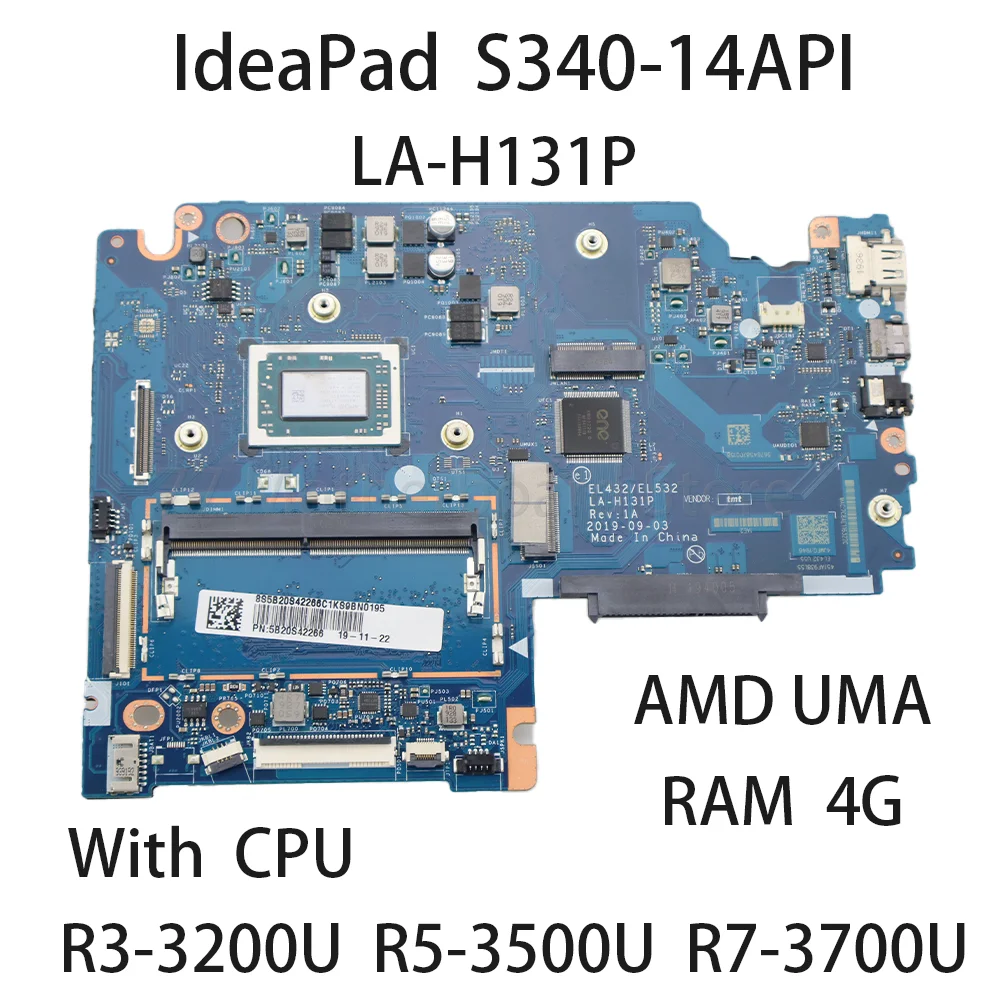 Laptop Motherboard For Lenovo IdeaPad S340-14API LA-H131P With CPU R3 3200U R5 3500U R7 3700U RAM 4G 5B20S42266