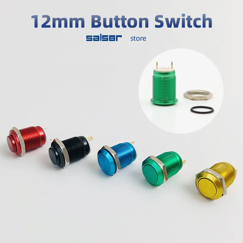 12mm Oxide Aluminium Red Blue Green Black Yellow Waterproof High Flat Head Momentary Fixation Latching Metal Push Button Switch