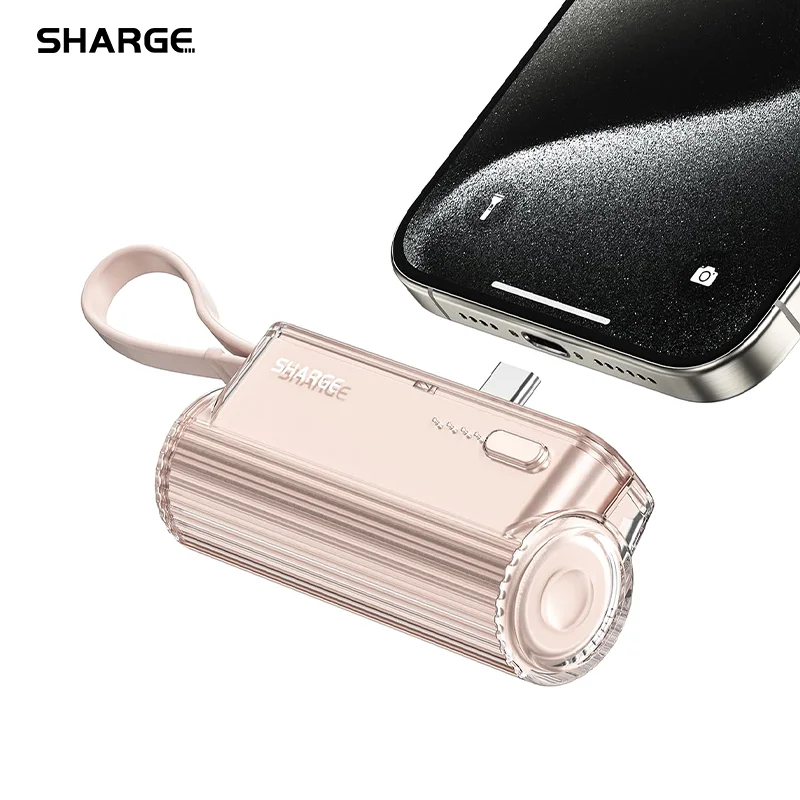 SHARGE Flow mini Power Bank Built-in replaceable USB-C Lightning connector 5000mAh Portable Charger for iPhone 15 Pro Samsung